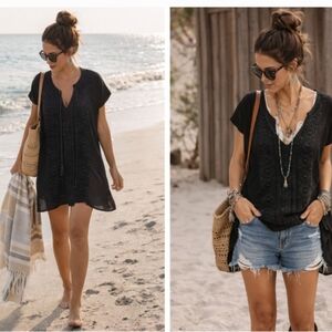 Kona Sol Black Eyelet Lace Up Tassel Swim Cover Up Top Small